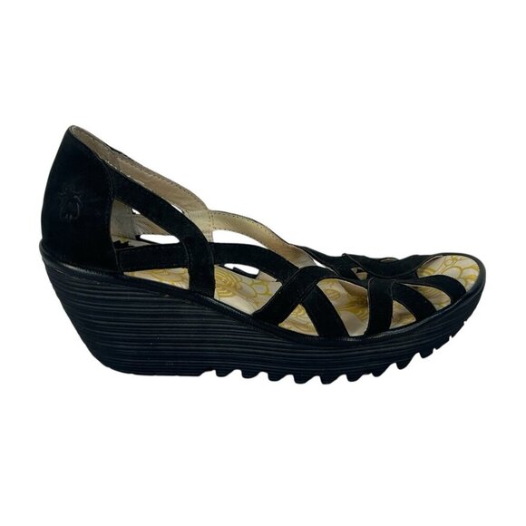 Fly London Yadi Cutout Peeptoe Wedge Shoes Black Suede Size 10  Boho Pinup Comfy - Picture 1 of 7